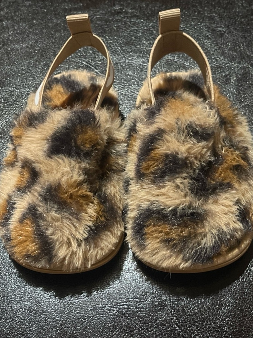 Kids Leopard Faux Fur Slingback Slippers - Tan/Black